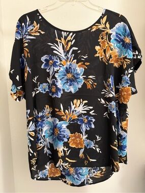 Maurices Black Floral Tunic with Blue & Gold Blooms